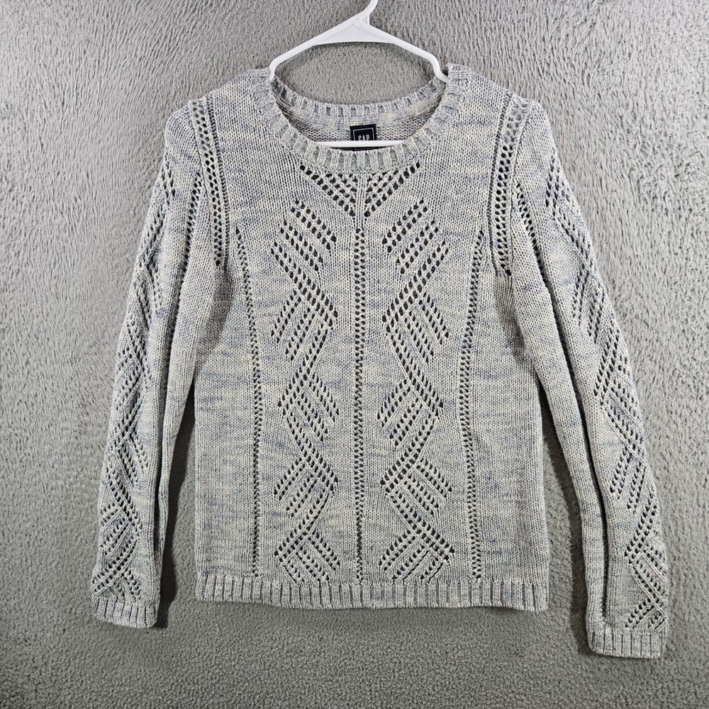 Gap Womens Blue White Marled Cotton Pointelle Knit Crew Neck Sweater Medium